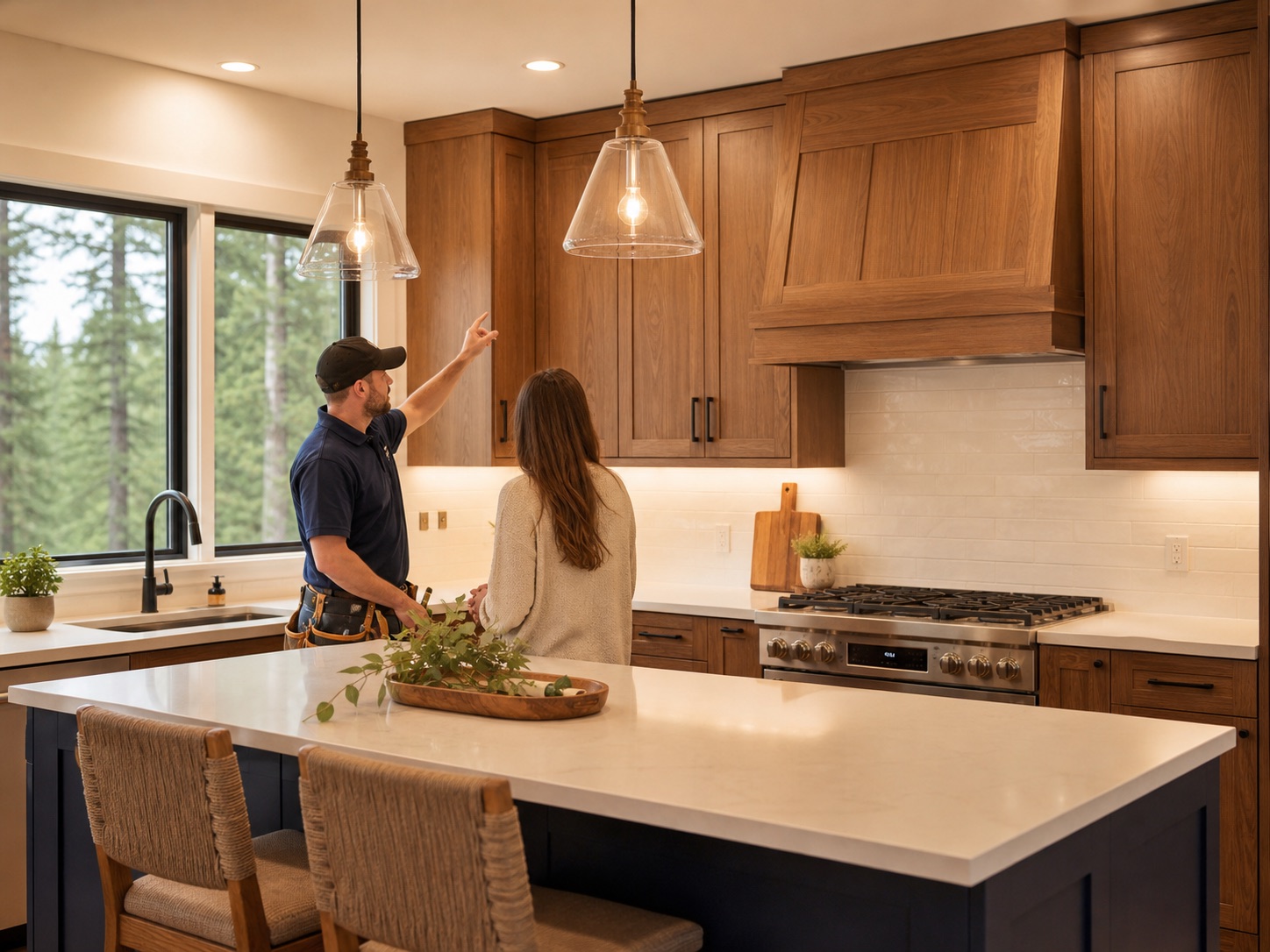 Warm kitchen remodel with new pendant and under-cabinet lighting