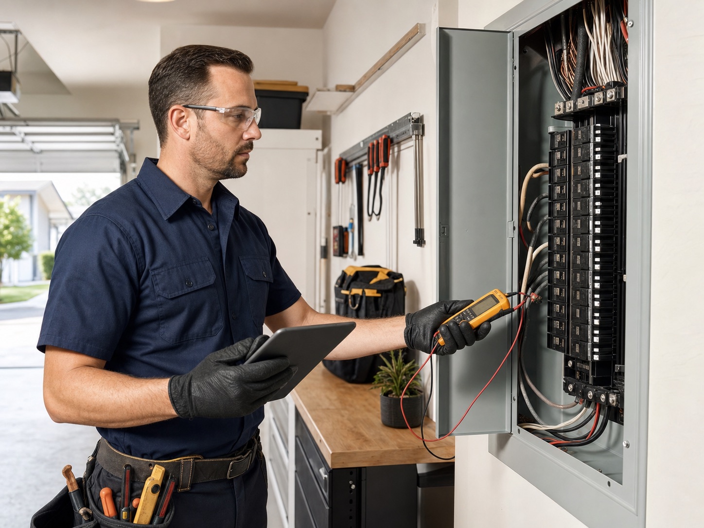 Electrician inspecting a residential electrical panel in a clean garage